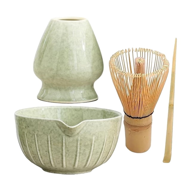 Classic Kitchen Accessories, Matcha Whisk Set 5PCS including a ceramic matcha bowl with spout, bamboo chasen whisk, ceramic whisk holder, and bamboo scoop. This matcha kit is ideal for tea accessories enthusiasts, featuring premium tools for frothing and controlled pouring. The bowl has a glazed interior for easy cleaning and a nature-inspired green finish.