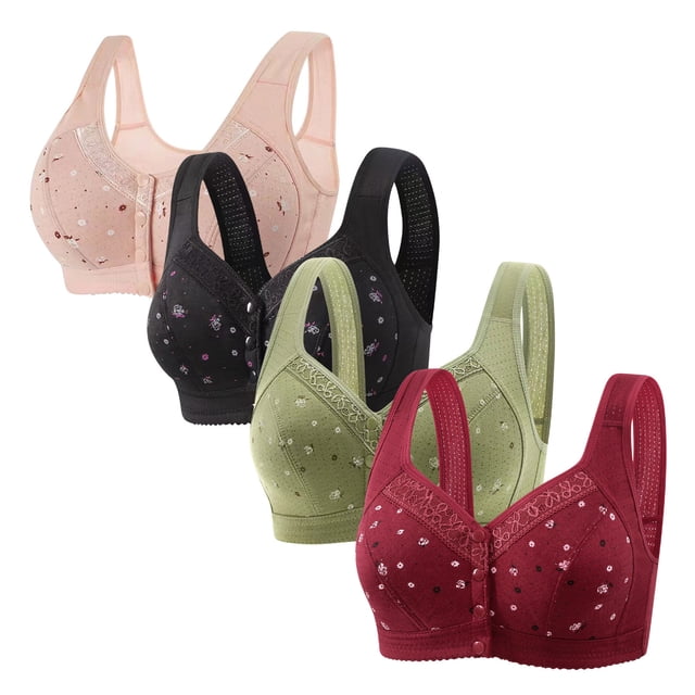 Plebaso 4 Pack Bras for Women Front Closure Everyday Bralettes Wireless Full Coverage Ladies Push up Bras. The set includes four bras in pink, black, green, and red, each featuring a floral pattern and lace detailing. These wireless bras offer full coverage and a front closure design, with adjustable straps for a comfortable fit. Suitable for daily wear, sports, or casual outings.