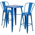 thumbnail image 1 of 23.75'' Square Blue Metal Indoor-Outdoor Bar Table Set with 2 Stools with Backs, 1 of 5
