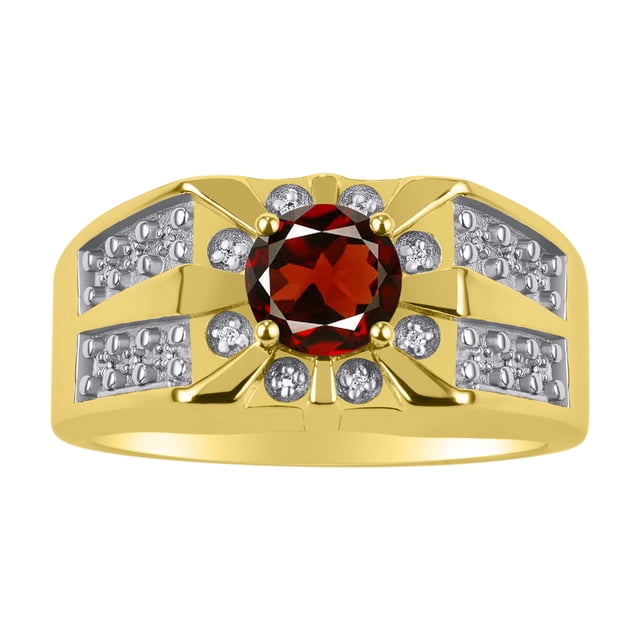 RYLOS Men's Rings 14K Yellow Gold Designer Starburst 7MM Round Gemstone & Diamond Ring Garnet January Birthstone Rings Size 9