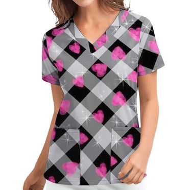 EGNMCR Hauts de Sarrau Femmes Blouse pour Femmes Uniforme de Travail pour Femmes Vêtements Imprimé Col en V Manches Courtes Hauts avec Poche