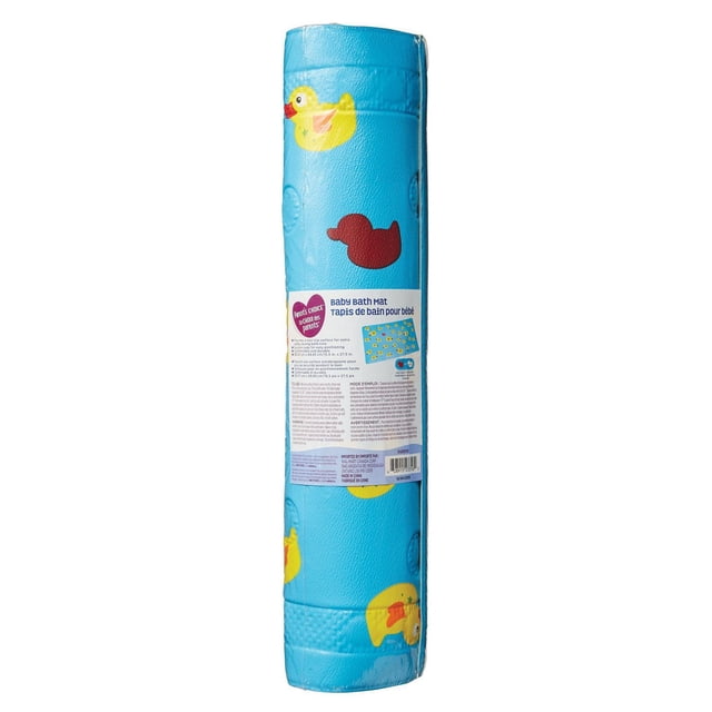 Parent's Choice Baby Bath Mat rolled up, featuring a blue textured surface with yellow and red rubber duck patterns, non-slip suction cups for bath safety, built-in heat sensor, and bilingual product label with size and usage instructions.