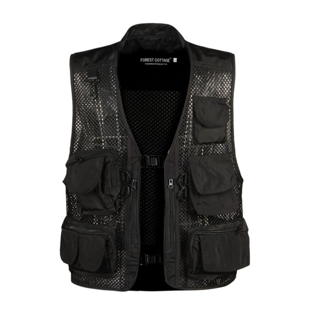 LUXUR Mens With Multiple Pockets Cargo Jacket Fishing Climbing Utility Vests Black L