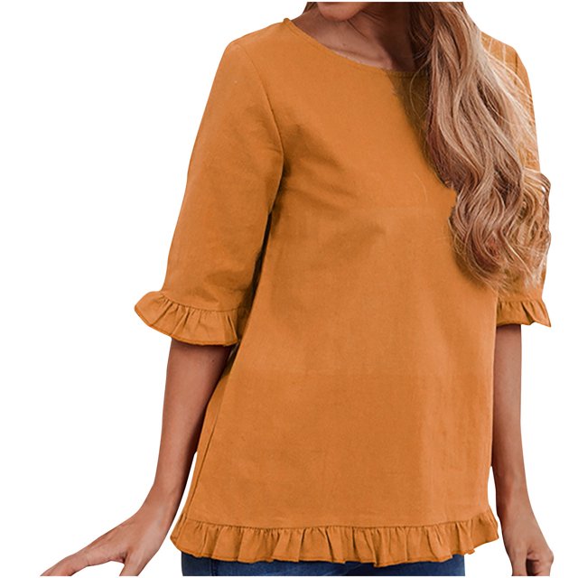 Hauts en Coton et Lin d'Été pour Femmes Manches à Volants Col Rond Couleur Unie Chemises Blouses Décontractées Confortables Basiques