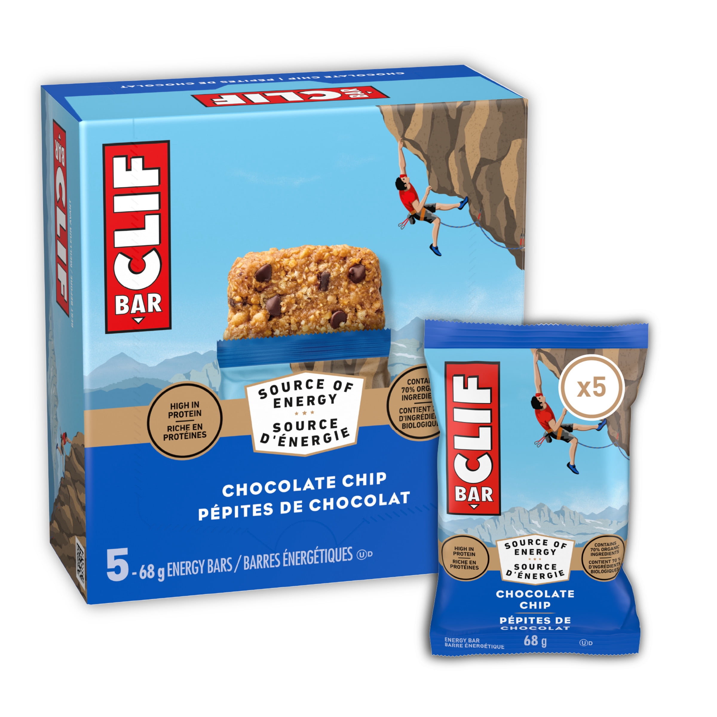 CLIF BAR Energy Bars, Chocolate Chip, Granola Bar, High in Protein, Contains 70% Organic Ingredients 5 Bars