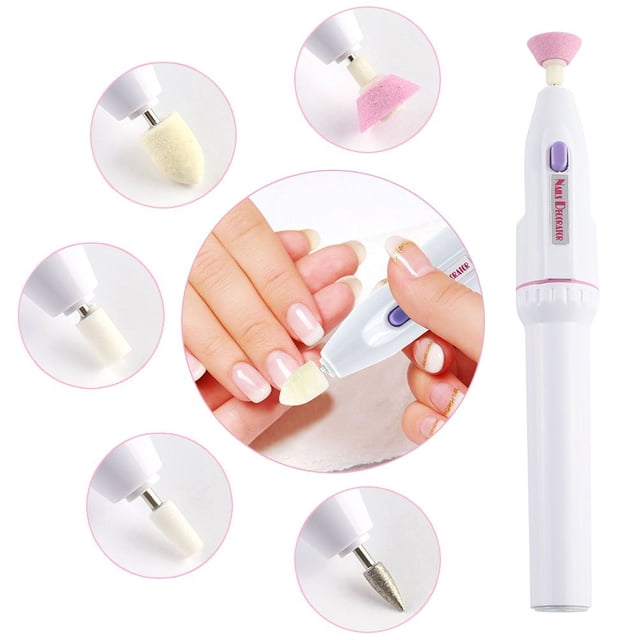 Electric Nail Drill Nails Art File Electric Manicure Set, a portable nail buffer and grinder kit with five interchangeable heads for shaping, buffing, and polishing nails. The white handheld drill is shown in use on fingernails, with close-ups of pink, white, and metallic drill bits. Ideal for nail care at home or in salons, compact and easy to carry.