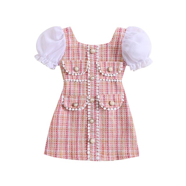 Fortune 1-6 Years Kids Girl’s Dress, Puff Sleeve Mix Color Pearls Patchwork Shift Dress