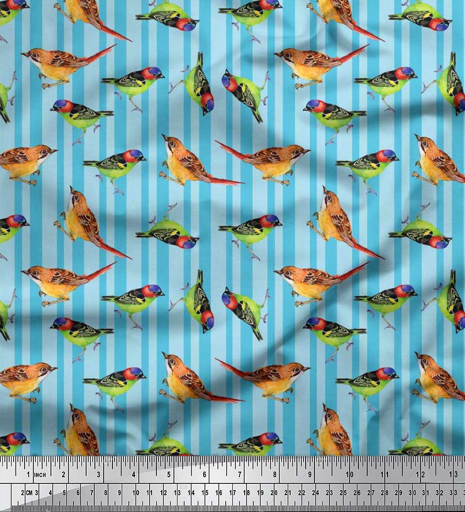 Soimoi Rayon Fabric Stripe & Sparrow Bird Fabric Prints by Yard 42 Inch Wide