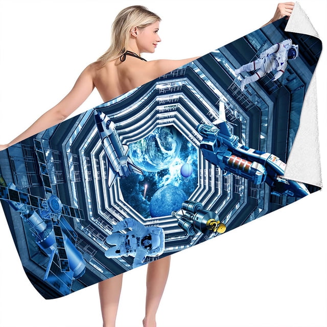 Astronaut Theme Beach Towel - Fun Printed Microfiber, Sandproof & Lightweight for Kids & Adults - 28x60 Inch