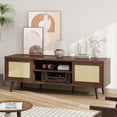 thumbnail image 1 of Bestier Rattan TV Stand for 75" TV, Boho Style, Sliding Doors&2 Tier Storage Shelves, Walnut, 1 of 7