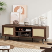 Bestier Rattan TV Stand for 75" TV, Boho Style, Sliding Doors&2 Tier Storage Shelves, Walnut