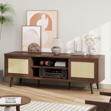 Bestier Meuble Télé en Rotin pour Télé de 75 Pouces, Style Bohème, Portes Coulissantes et Étagères de Rangement à 2 Niveaux, Noyer