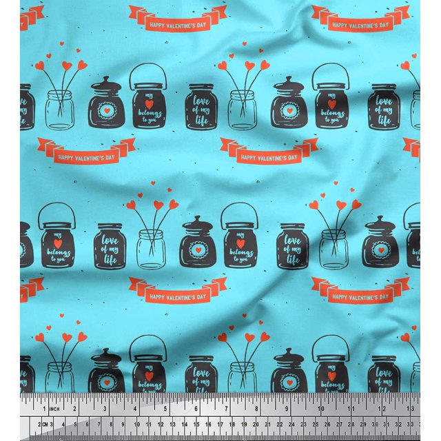 Soimoi Blue polyester Crepe Fabric Jar & Happy Valentine Day Text Print Sewing Fabric Yard 52 Inch Wide