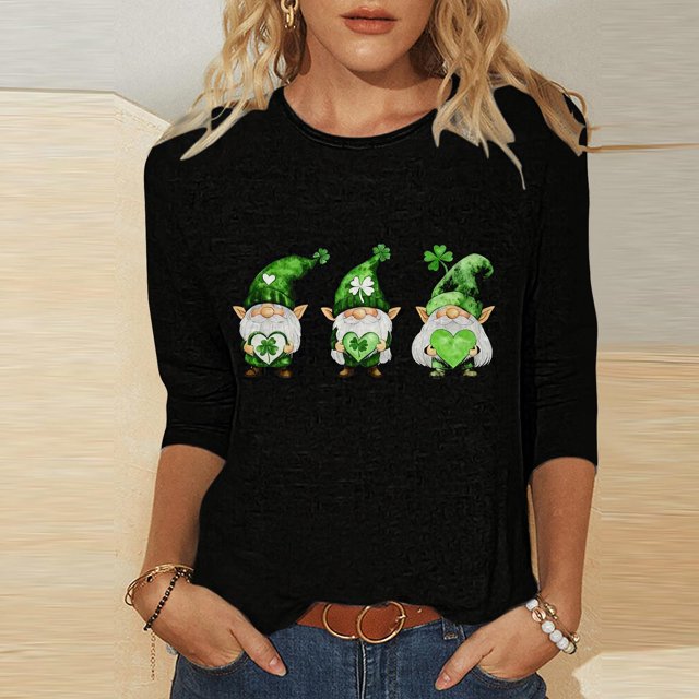 Mceream T-Shirt à Manches 3/4 pour la Saint-Patrick, Hauts pour Femmes, Printemps, Col Rond, T-Shirts Décontractés, Blouses à Imprimé Floral, T-Shirts Graphiques, Tenues d'Été, Hauts Boho, Grande Taille, Chemises à Imprimé Trèfle, Noir G