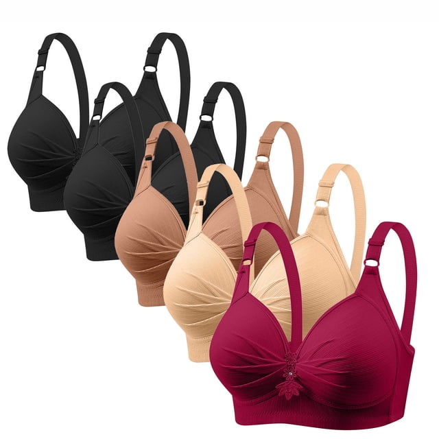 Pisexur 5PC Womens Bras No Underwire Seamless Pleated Full Coverage Bra Wireless Bras for Women Solid Color High Support Everyday Bra Underwear Plus Size Bras for Women