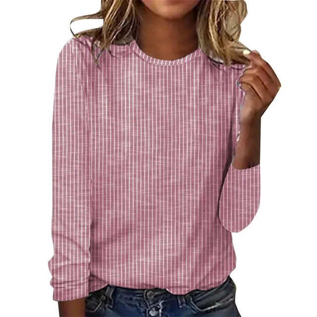 WTXUE T-Shirts à Manches Longues, Chandails à Col Rond pour Femmes Automne Hiver Décontractés à Rayures T-Shirt Haut Rayé Hauts Décontractés pour Femmes Rose/à Rayures TTG