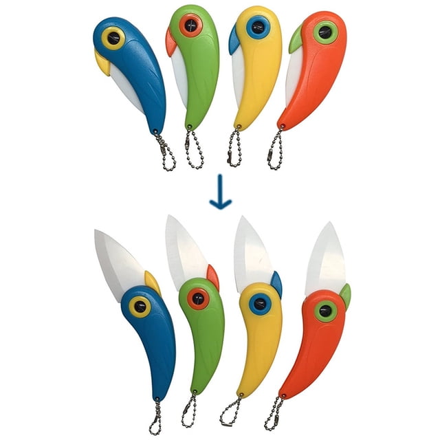 Mini Couteau à Fruits de Poche en Forme d'Oiseau, Couteau Pliable en Forme d'Oiseau, Couverts Portatifs par HGGQVVS. un Couteau de Poche Coloré en Forme d'Oiseau Offert en Variantes Bleu, Vert, Jaune et Rouge, avec une Lame en Céramique Pliable (55 mm) et un Manche en Acier Inoxydable (80 mm). Léger de 38 g avec un Accessoire Porte-Clés pour la Portabilité. Convient comme Outil de Chasse et pour Préserver la Saveur Originale des Aliments, Nettoyage Facile et Résistance à la Rouille.