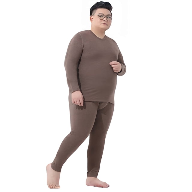 Men's Plus Size Autumn Winter Silk Wool Blend fleeced Lined Base Layer Set, Taupe Brown, Size 5XL