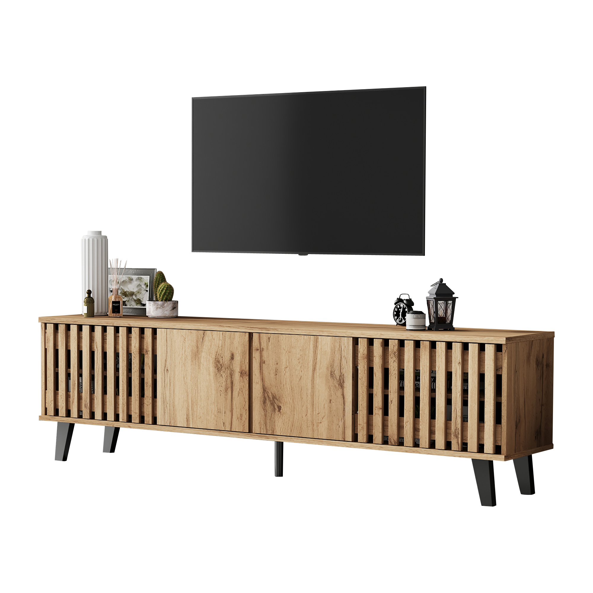 Homy Casa 65" Fluted Mid-Century TV Stand with 4 Doors and 8 Shelves for 32–65" TVs, Natural Wood