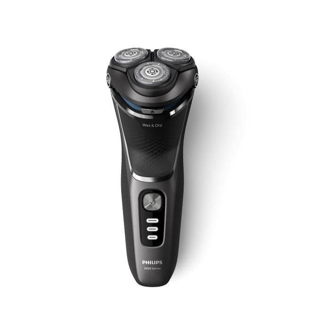 Philips Shaver Series 3300, S3343/13 electric foil shaver in black with three 5D pivot flex heads, textured grip, power button, and LED battery indicator, designed for wet and dry shaving and comfortable use on sensitive skin.