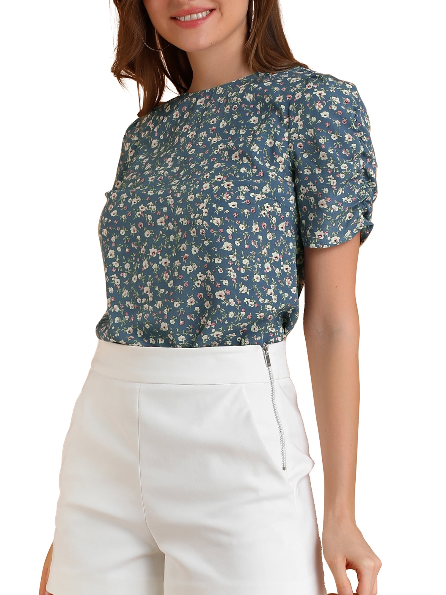 INSPIRE CHIC Hauts Froncés pour Femmes Col Ras du Cou Manches Courtes Dos Goutte d'Eau Blouse Florale m Bleu