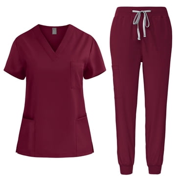Amzcrzy Sarraus pour Femmes Ensemble Col en V Manches Courtes Hauts de Sarrau Pantalons Jogger Ensembles de Sarraus pour Femme Décontracté Extensible Couleur Unie Ensembles de Sarraus avec Poches