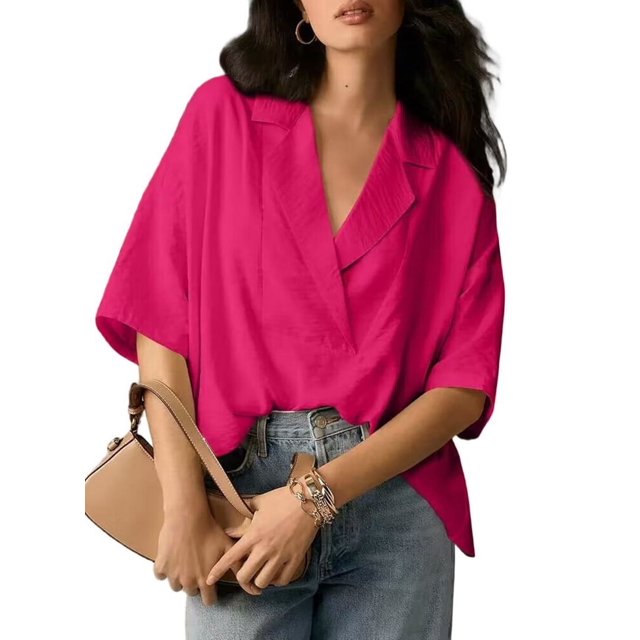 Blouse Décontractée Habillée pour Femmes Manches Courtes Col en V Chemise de Travail Rose Profond TG