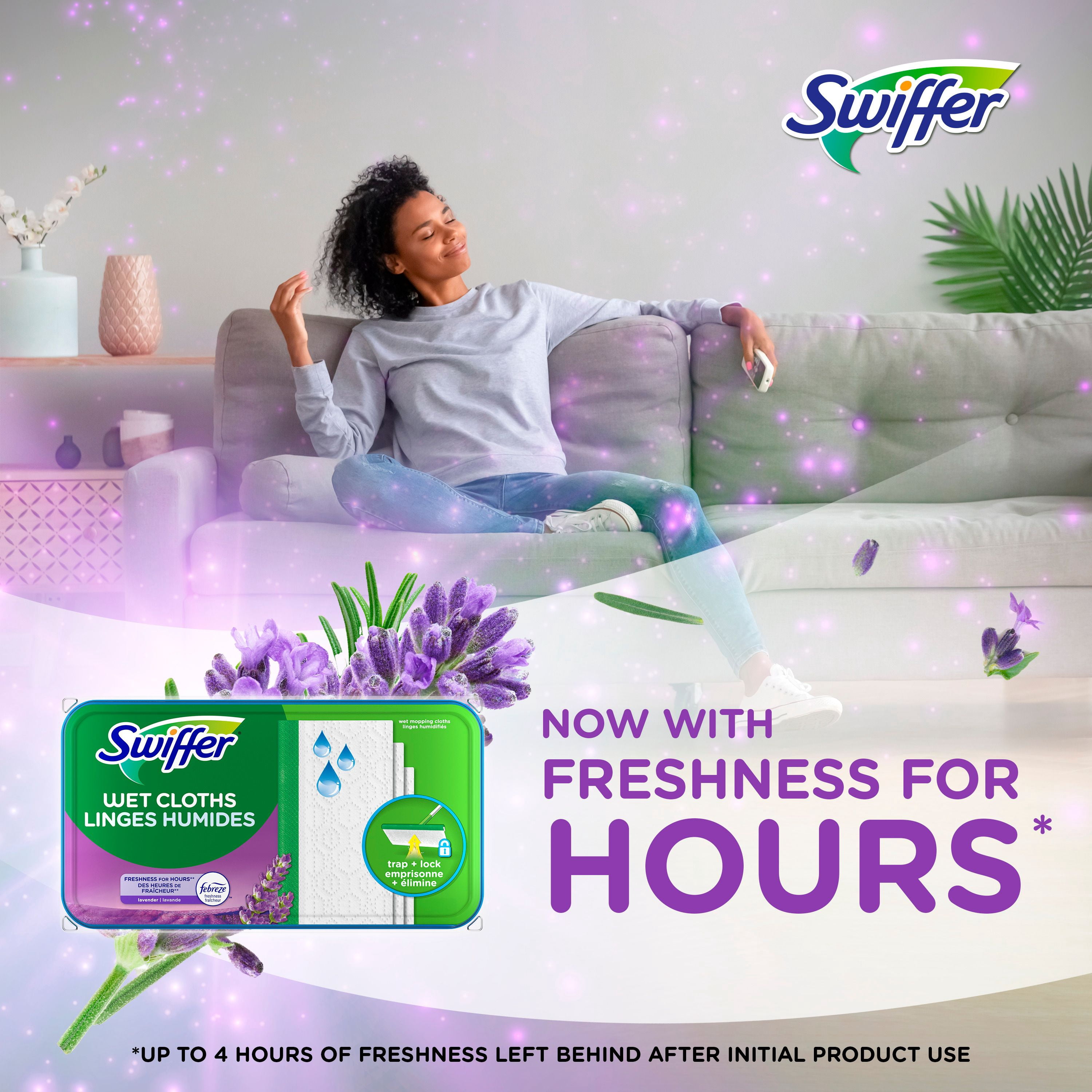 Swiffer Balai + Vadrouille, Linges Humides de Recharge, Nettoyant pour Planchers, Linges de Nettoyage, Lavande, 24 Unités