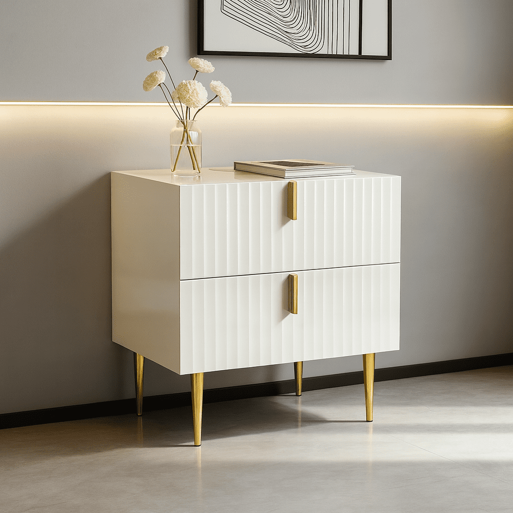 GStone White Nightstand with 2 Fluted Drawers – Modern Bedside Table with Metal Legs & Handles Night Stand for Bedroom, Living Room, End Table