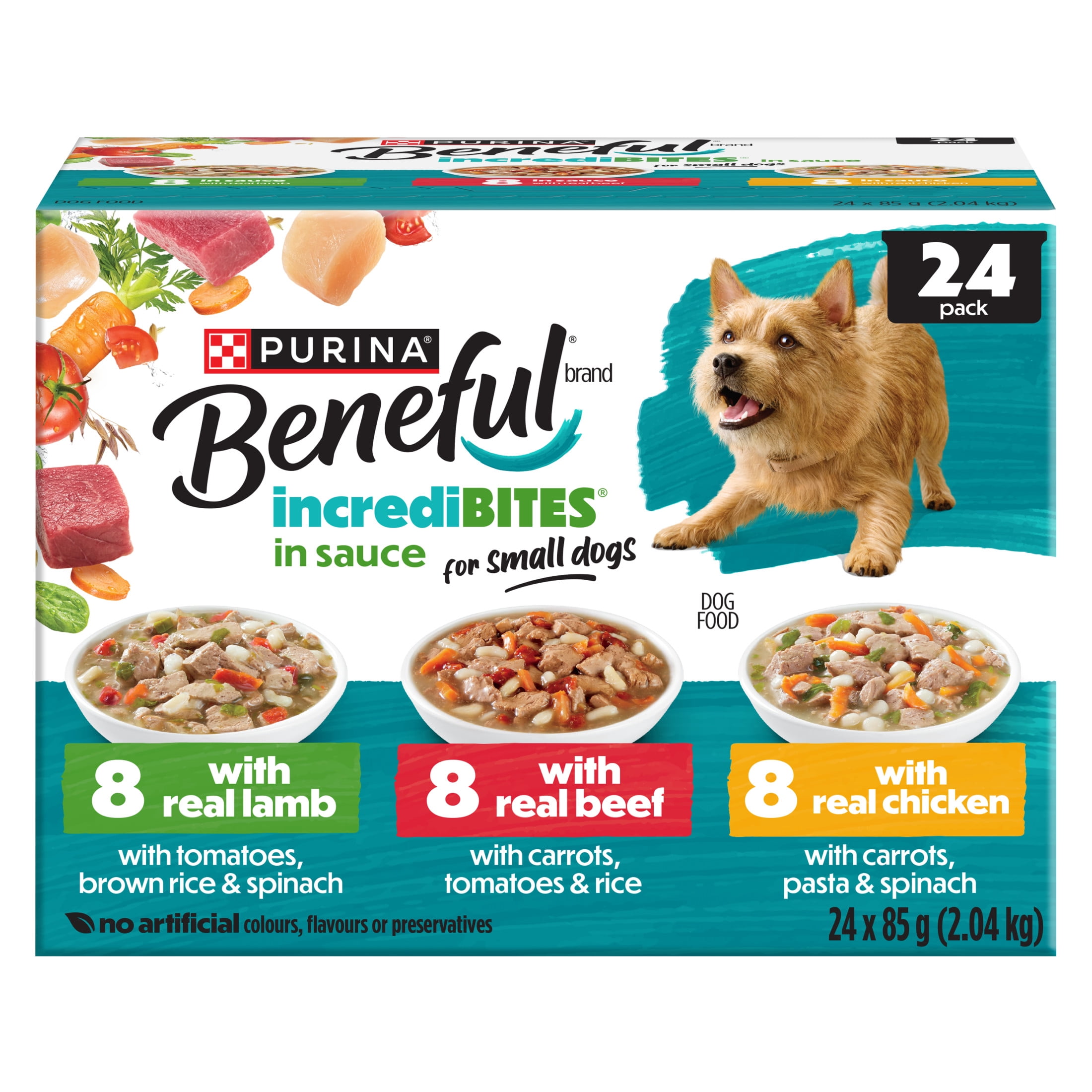 Purina Beneful IncrediBites avec du Vrai Agneau, du Vrai Boeuf, du Vrai Poulet en Sauce 24C Emballage Assorti, Nourriture Humide pour Chiens, 85g x 24