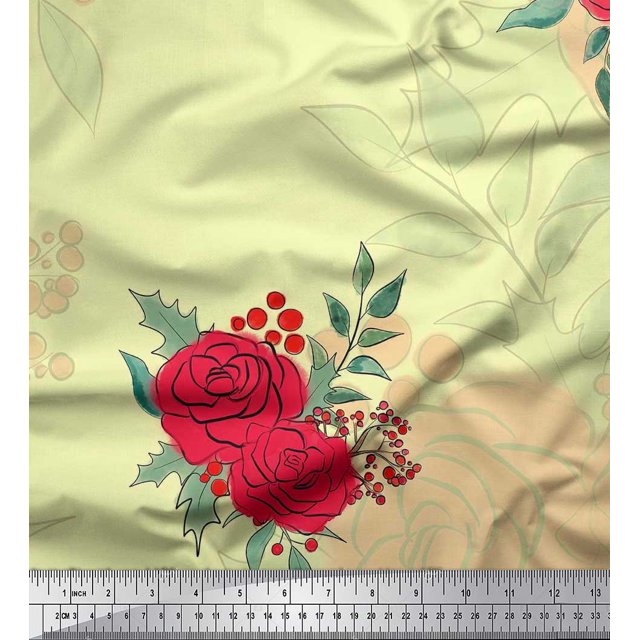 Soimoi Rayon Tissu Houx Feuilles & Rose Fleur Tissu Imprimé par Yard 42 Pouces de Large