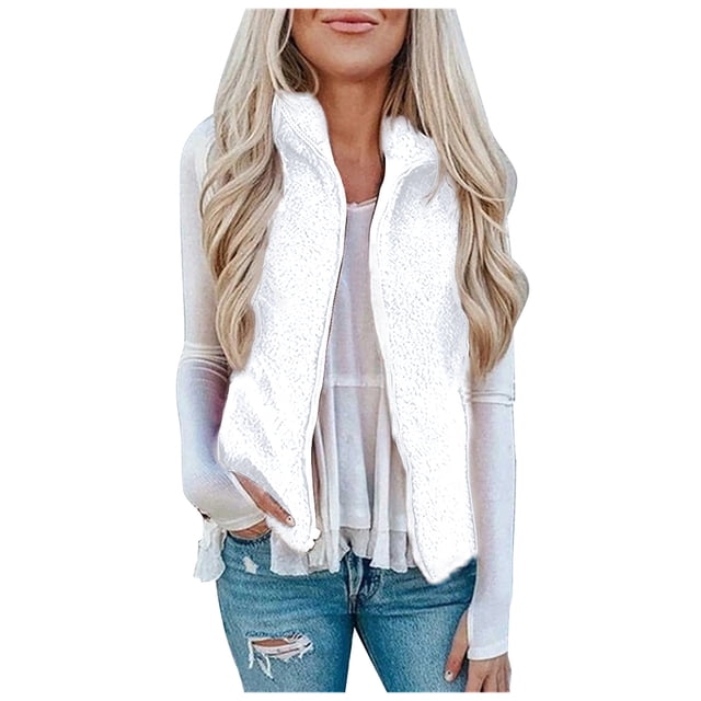 Heliisoer Pocket Women Zipper Solid Color Jacket Plush Sleeveless Lapel Vest Loose