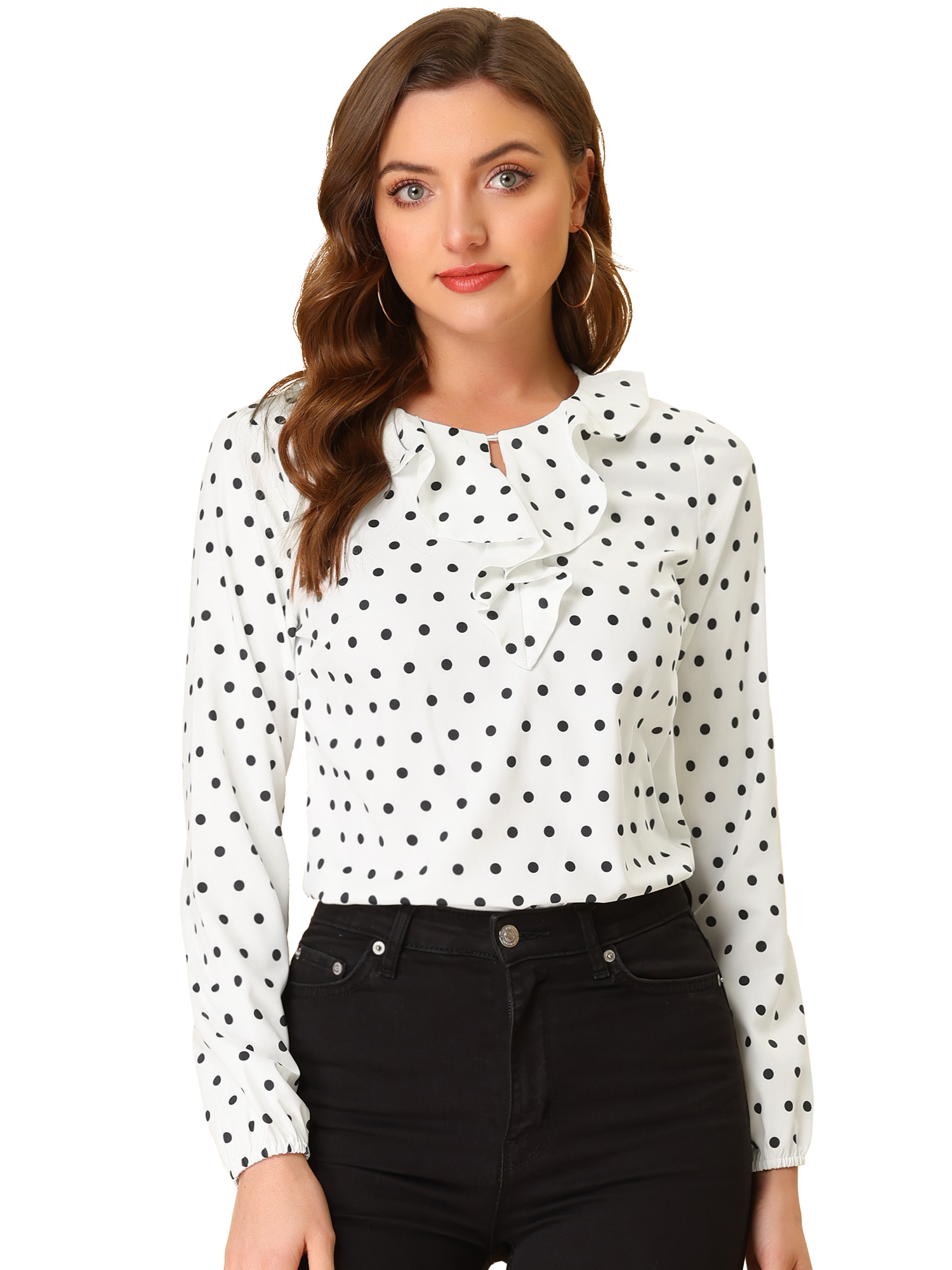INSPIRE CHIC Women's Ruffle Neck Long Sleeve Polka Dots Blouse Shirt