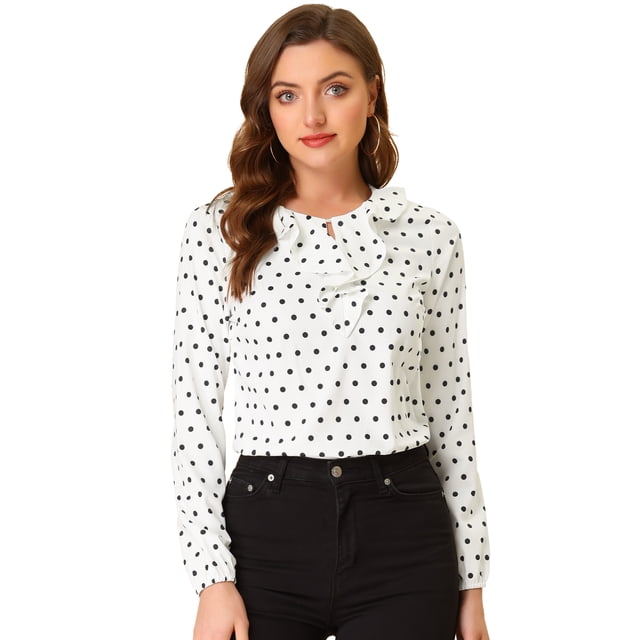 INSPIRE CHIC Women's Ruffle Neck Long Sleeve Polka Dots Blouse Shirt