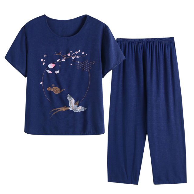 Tnhcen Ensemble de Pyjama d'Été en Lin pour Femmes 2 Pcs / Haut à Manches Courtes Boutonné Col Rond Imprimé Floral + Pantalon Ample / TG-4TG / Vêtements de Détente Cool
