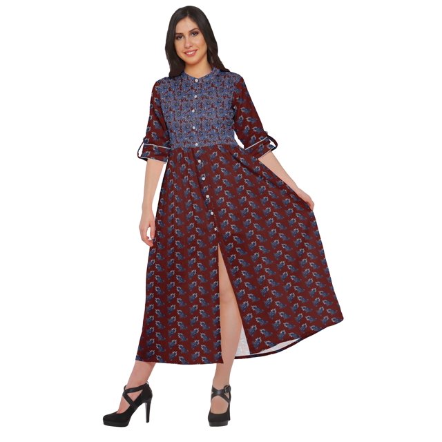 Moomaya Printed Front Slit A-Line Kurtis For Women Short Sleeve Summer Kurta