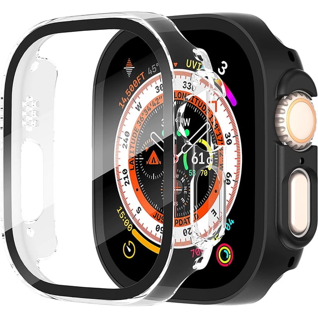 KOMI 2-Pack for Apple Watch Ultra/Ultra 2 49mm PC All-Around Screen Protector Case, Tempered Glass Screen Protector Case Ultra-Thin for iWatch Ultra/iWatch Ultra 2 49mm Protection Cover -Black+Clear