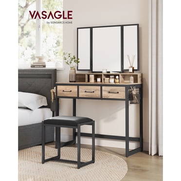 VASAGLE Vanity Set with Mirror and Stool, Makeup Vanity with Tri-Fold Mirror, 3 Drawers, Brush Holder, Industrial Style, Camel Brown and Black,Adult