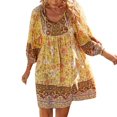 thumbnail image 1 of Womens Boho Floral Dresses V Neck Long Sleeve Ruffle Hem A-Line Mini Dress Beachwear, 1 of 6