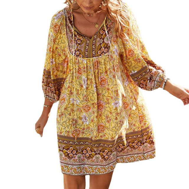 Womens Boho Floral Dresses V Neck Long Sleeve Ruffle Hem A-Line Mini Dress Beachwear