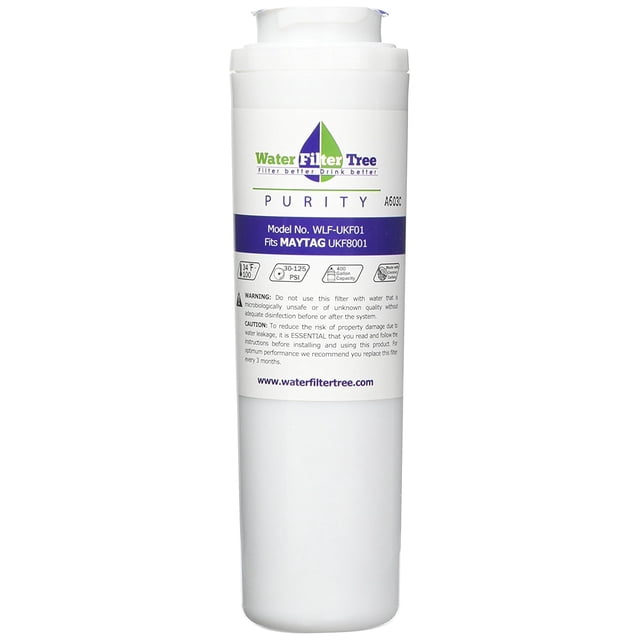 Waterfiltertree WLF-UKF01 compatible refrigerator water filter for UKF8001 EDR4RXD1B Puriclean II, utilizing Concentrated Carbon Technology for advanced filtration. Effectively reduces lead, cysts, asbestos, and chlorine taste and odor from tap water. Certified to meet NSF/ANSI 42 and 53 standards, ensuring reliable filtration performance throughout its lifespan.
