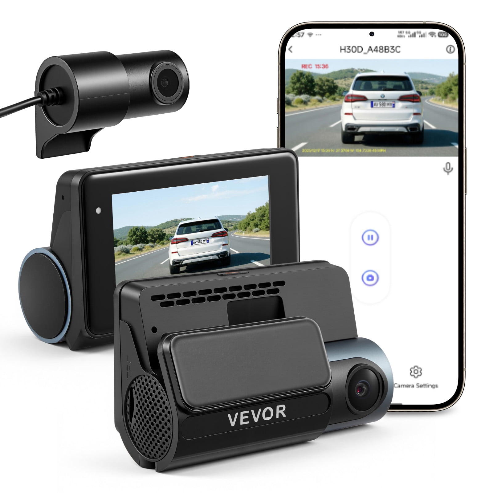 VEVOR caméra de tableau avant et arrière, 4K+1080P, contrôle d'application Wi-Fi, caméra de tableau à double canal pour voitures avec GPS intégré, capteur G, avant 123° et arrière 125°, grand écran de 3 po, enregistrement en boucle et mode de stationnement