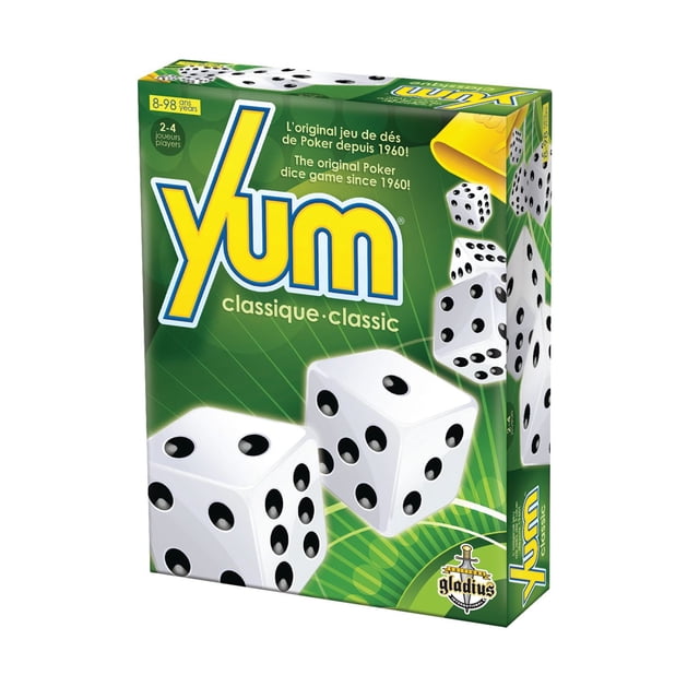 Éditions Gladius Yum Boîte de Jeu de Société Classique Montrant des dés Blancs avec des points Noirs sur un Fond Vert, Présentant le Jeu de dés de Poker original depuis 1960 pour 2 à 4 Joueurs de 8 à 98 Ans, Conçu pour Collecter des points par le Biais de Combinaisons de dés avec le logo Gladius.