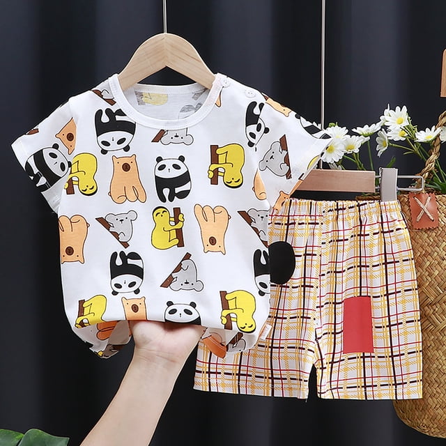 Toddler Boys Summer Outfit Set Two Piece Pajamas with Playful Cartoon and Floral Pattern Designs for Comfortable Bedtime