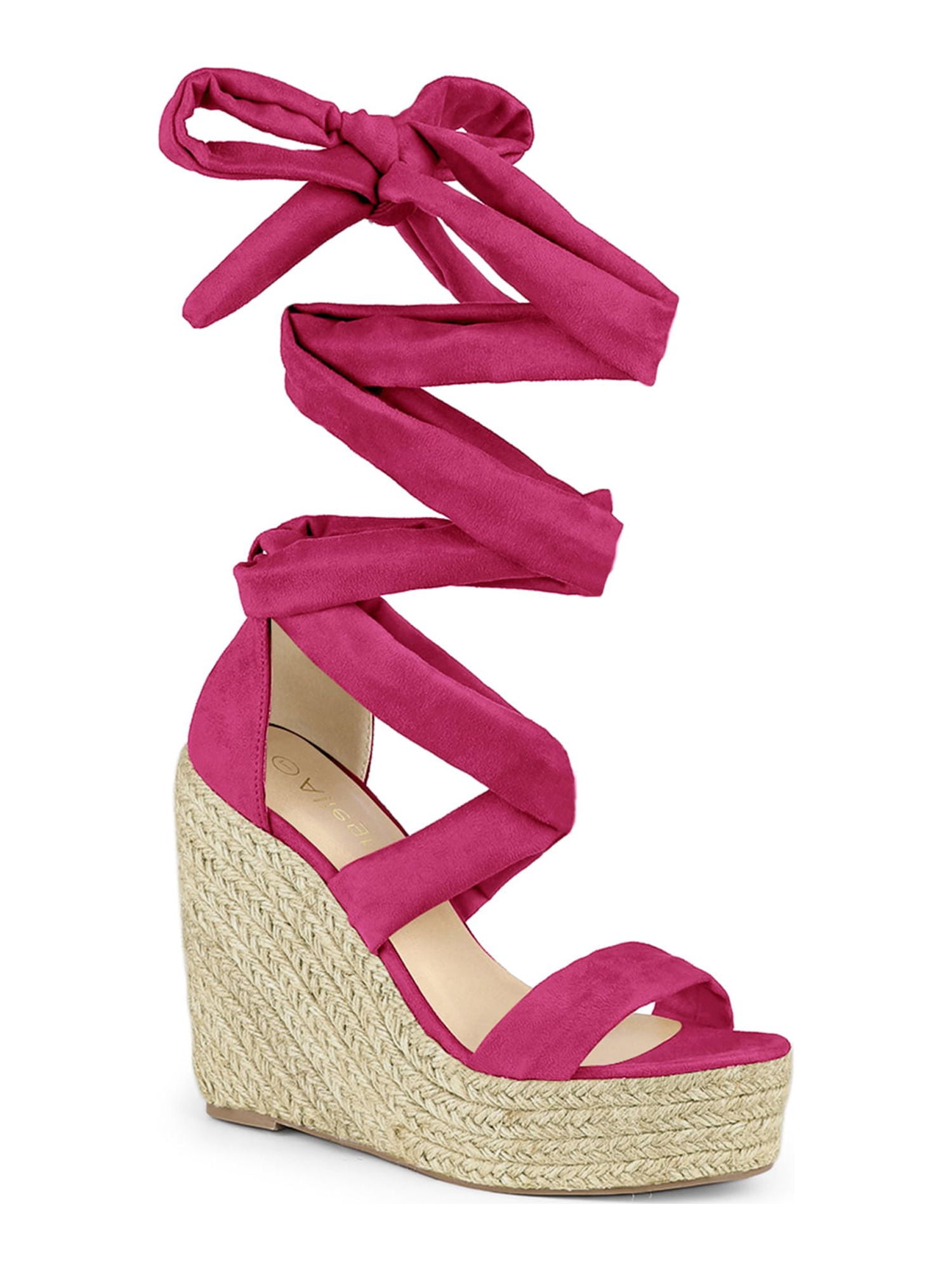BLISSFUL STEP Sandales pour Femmes en Faux Suède à Plateforme Compensée à Lacets à Bout Ouvert Rose Vif 10