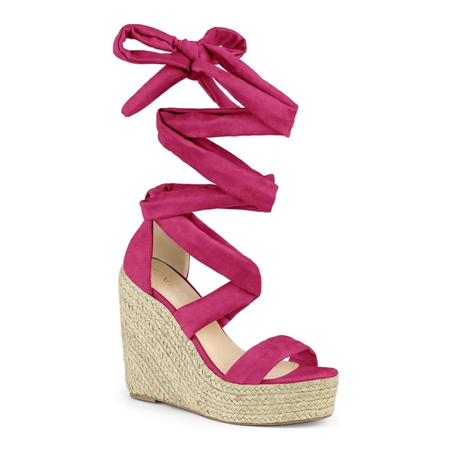 BLISSFUL STEP Sandales pour Femmes en Faux Suède à Plateforme Compensée à Lacets à Bout Ouvert Rose Vif 10