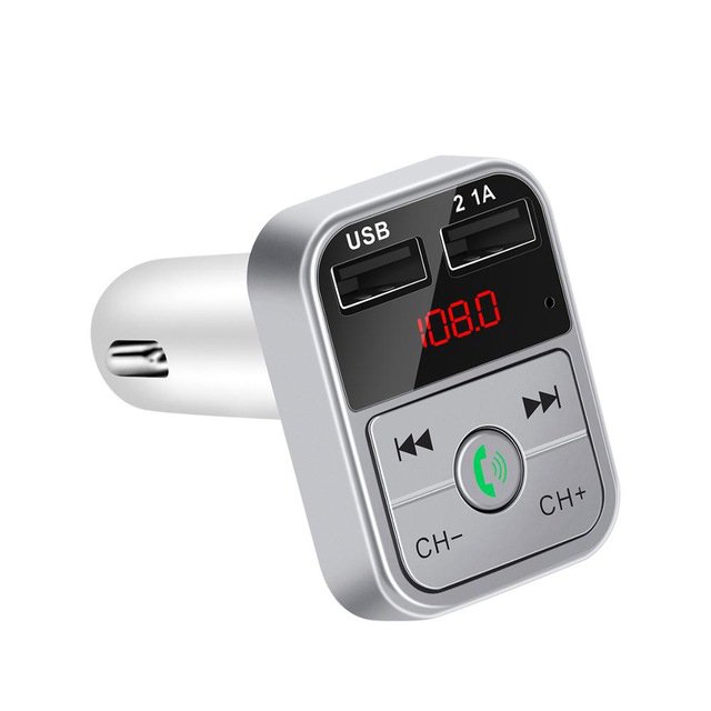 LeadingStar USB Car Wireless Car Auxiliary Adapter Bluetooth Car Kit with Dual USB Charging Ports FM Radio Transmitter Hands Free Calling, shown in a compact black and silver design. Features dual USB 2.1A charging ports, a digital display, and control buttons for channel selection, playback, and hands-free calling. Compatible with DC12-24V power sources and supports Bluetooth audio playback, TF cards, and U disks up to 16GB. Ideal for enhancing in-car audio and communication.