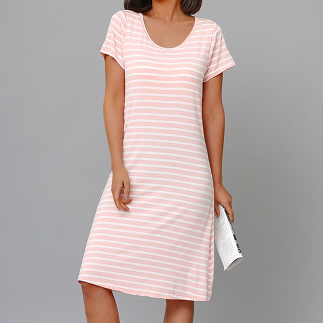 Sakmal Chemises de Nuit pour Femmes Grande Taille Robe de Maison en Coton Rose à Manches Courtes Chemises de Nuit Rayées