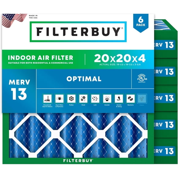 Filterbuy 20x20x4 MERV 13 (MPR 1900) Filtres à Air pour Fournaise AC Plissée (Lot de 6)