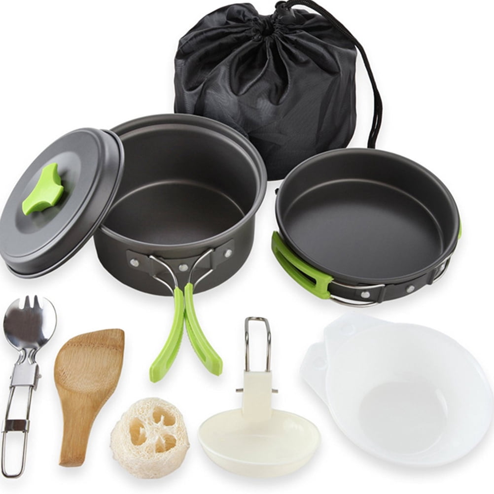 WEUVEB 10Pcs 1 to 2 Person Outdoor Cookware Set Black Aluminum Pot Pan and Bowl